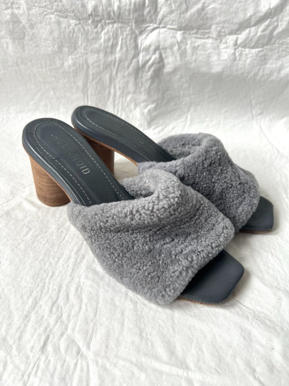 Humanoid sandals Silas shearling mules gray square toe high heel 37 7 fuzzy
